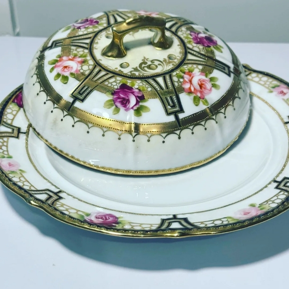 Antique Noritake Nippon Rose Cheese Plate Domed Vented Lid, Hand Painted is brea - Picture 17 of 17